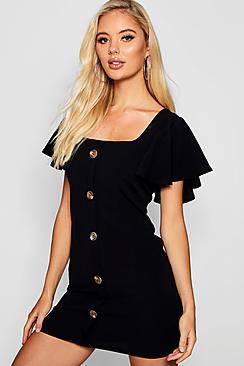 Boohoo Riley Frill Sleeve Button Detail Bodycon Dress