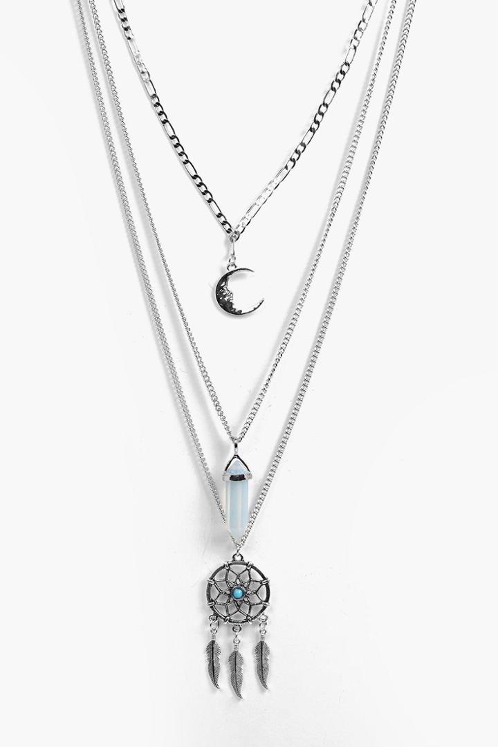 Boohoo Lara Dreamcatcher Layered Necklace Silver