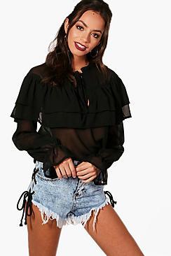 Boohoo Faye Frill Cuff Tie Neck Blouse