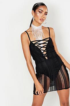 Boohoo Fishnet Lace Up Plunge Mini Dress