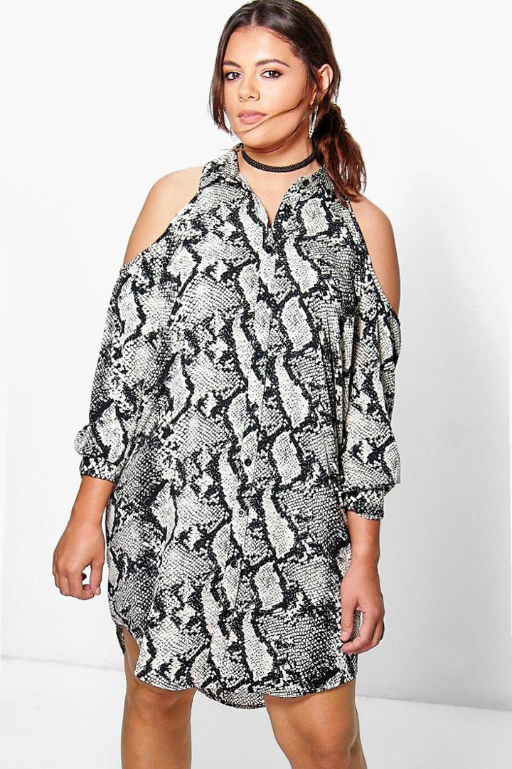 Boohoo Plus Dana Cold Shoulder Snake Print Shirt Multi