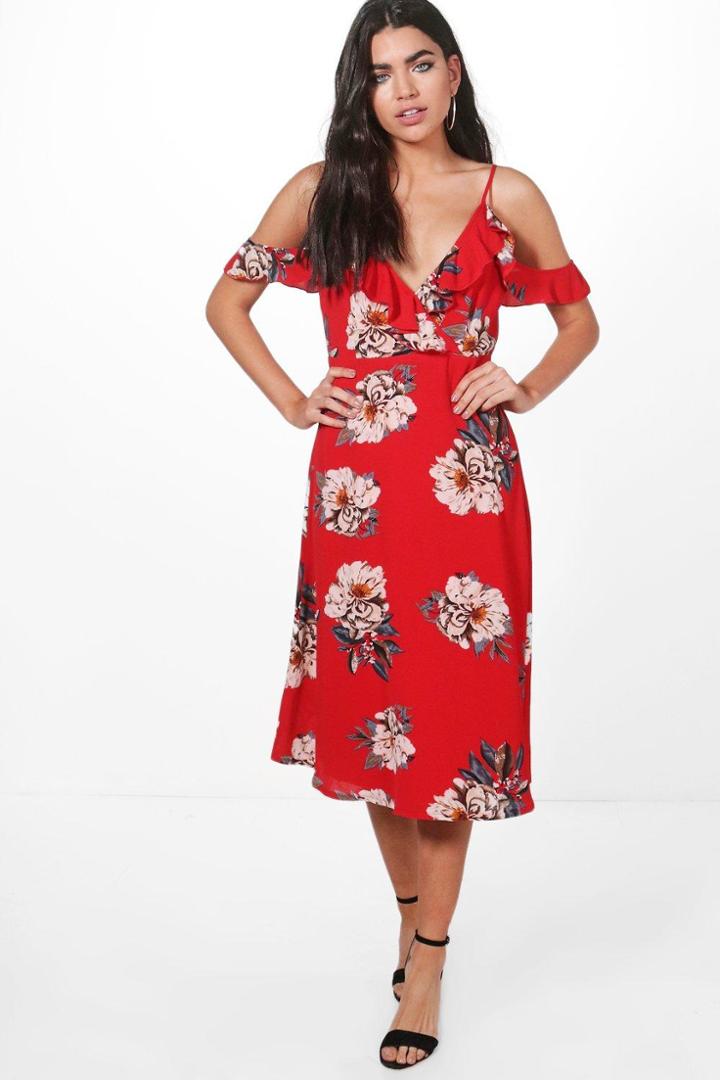 Boohoo Finola Floral Print Midi Skater Dress Red