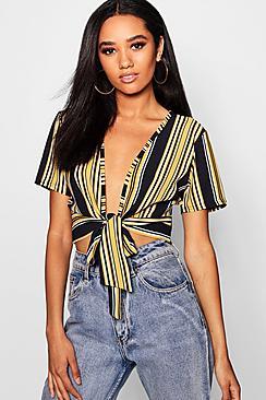 Boohoo Petite Woven Stripe Tie Front Crop Top