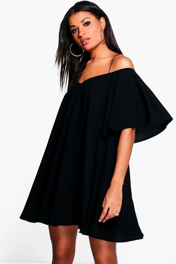 Boohoo Minnie Cold Shoulder Strap Front Swing Dress Black