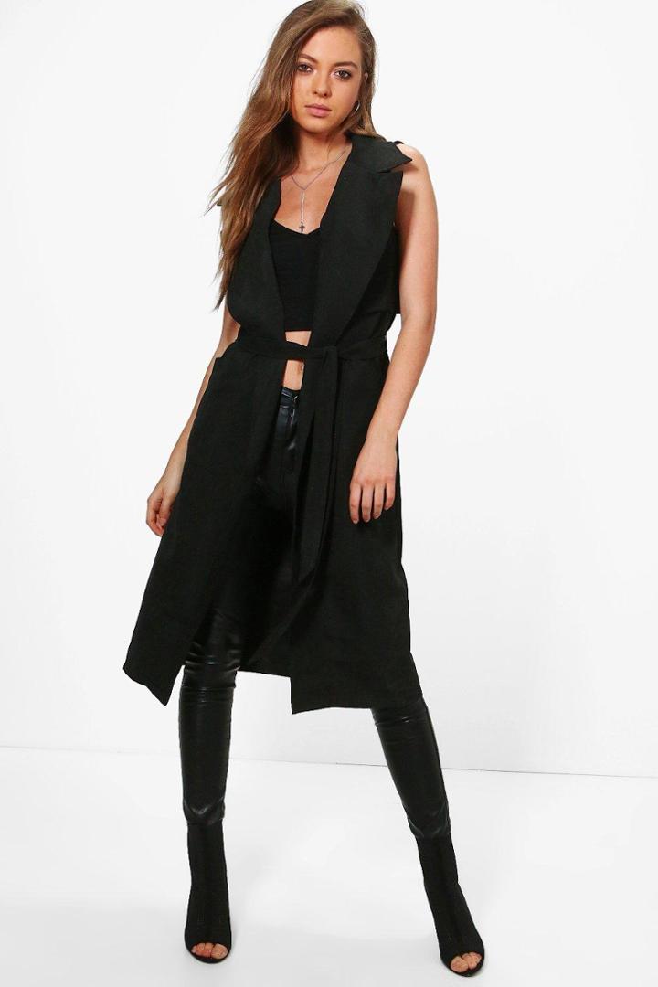 Boohoo Ella Sleeveless Belted Trench Black