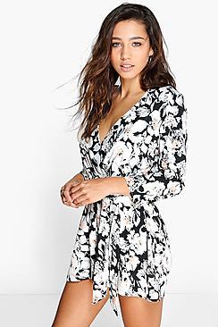 Boohoo Bella Wrap Front Floral Print Playsuit