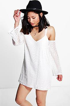 Boohoo Petite Mia All Over Lace Cold Shoulder Shift Dress