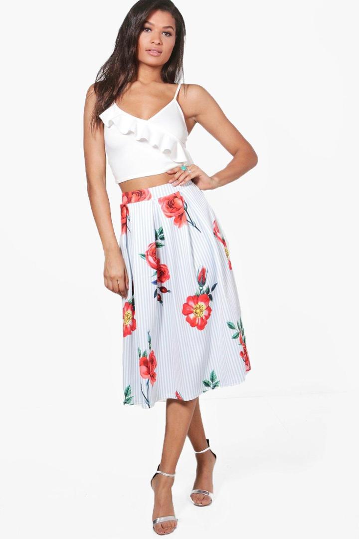Boohoo Aria Striped Floral Box Pleat Skater Skirt Multi