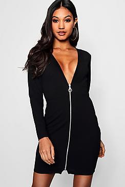 Boohoo Nia Plunge Front O Ring Zip Bodycon Dress