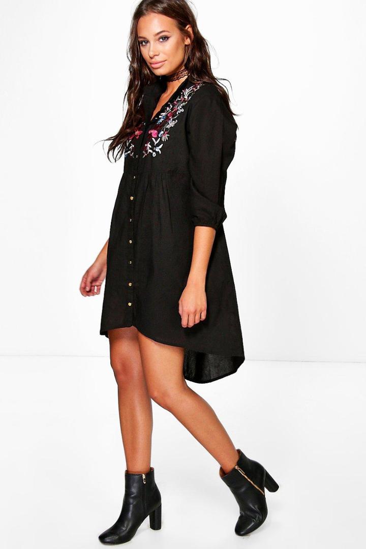 Boohoo Ana Embroidered Black Denim Shirt Dress Black
