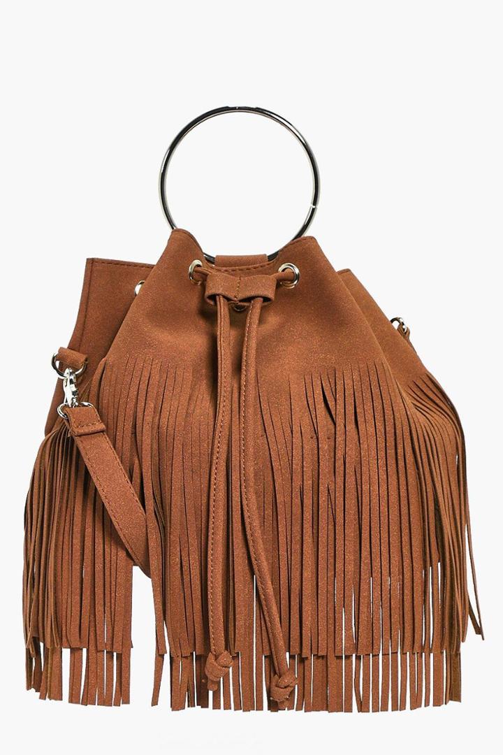 Boohoo Lena Fringed Duffle Bag With Circle Trim Tan