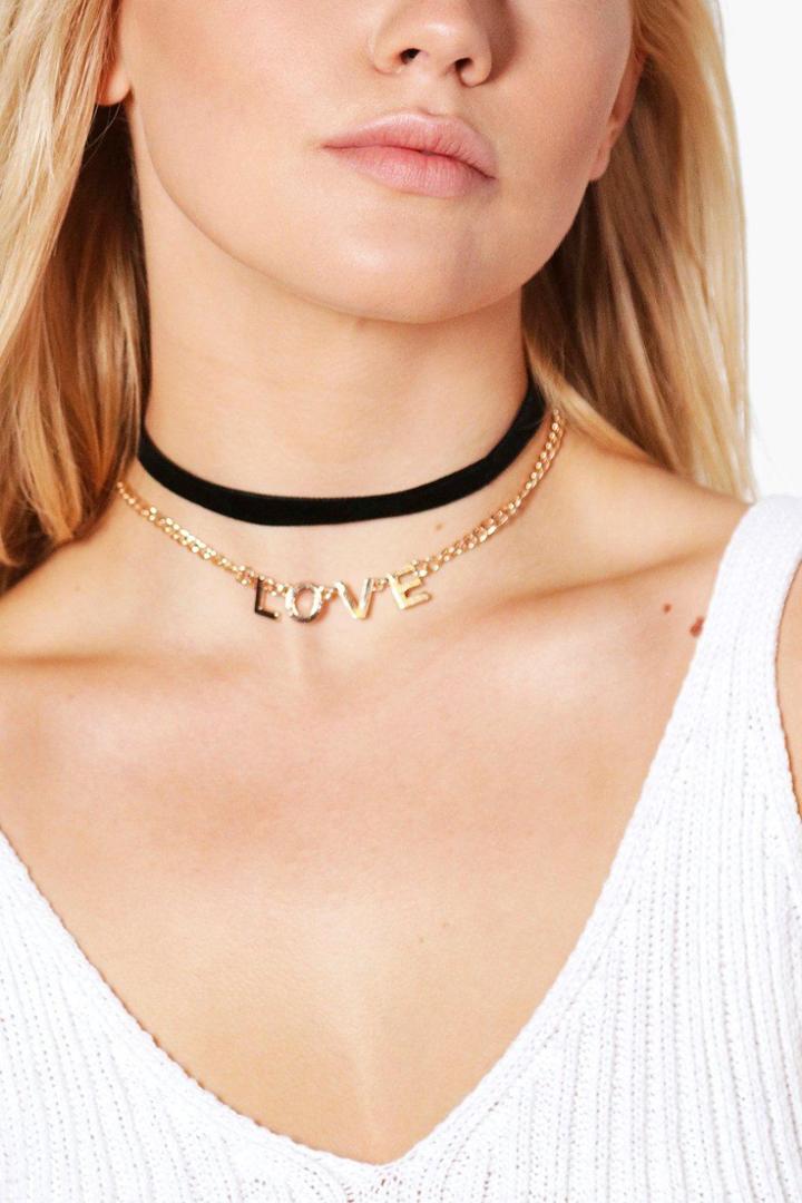 Boohoo Elle Love Chain & Velvet Choker 2 Pack Gold