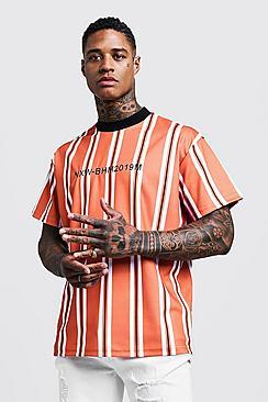 Boohoo Airtex Extended Neck Stripe T-shirt With Embroidery