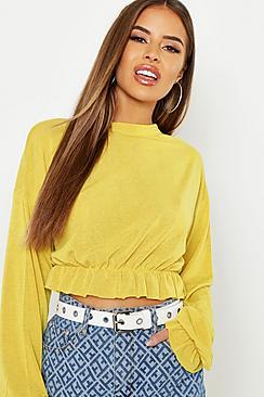Boohoo Petite Ruched Frill Hem Knitted Top