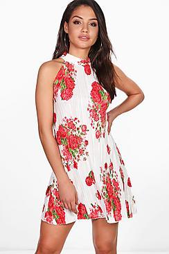 Boohoo Faith Pleat High Neck Floral Swing Dress