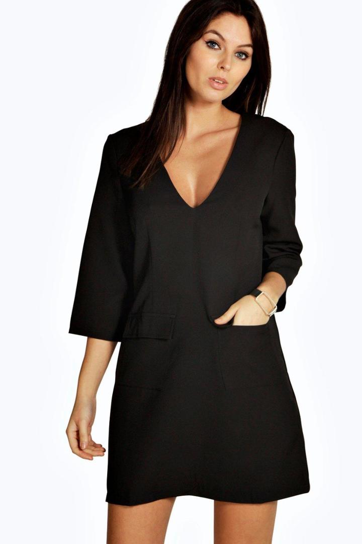Boohoo Giovanna Plunge Pocket Front Shift Dress Black