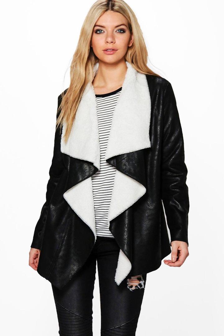 Boohoo Ruby Waterfall Bonded Suedette Jacket Black