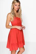 Boohoo Rose Crochet And Lace Trim Skater Dress Rust