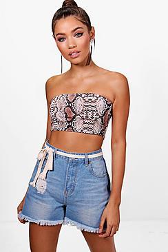 Boohoo Hatty High Waist Tie Belt Denim Mom Shorts