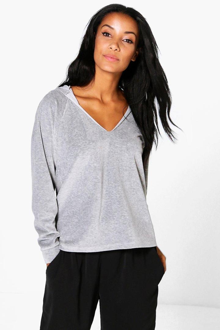 Boohoo Bella Velour V Neck Hoody Grey