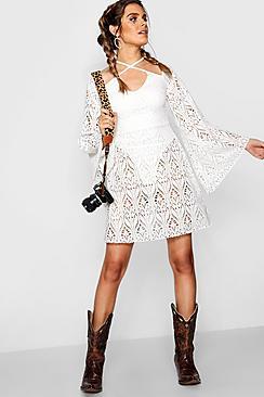 Boohoo Lace Flared Sleeve Halterneck Skater Dress