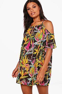 Boohoo Freya Bird Cold Shoulder Sun Dress