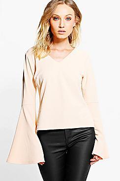 Boohoo Sarah Texture Flare Sleeve V Neck Top