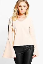 Boohoo Sarah Texture Flare Sleeve V Neck Top