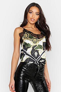 Boohoo Satin Lace Trim Chain Cami