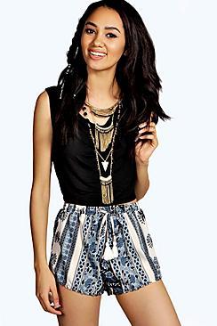 Boohoo Katie Scarf Print Tassel Trim Shorts