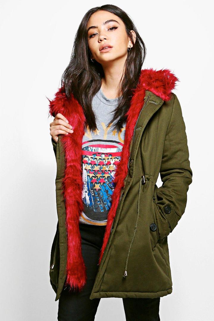 Boohoo Boutique Eliza Faux Fur Hood Parka Red