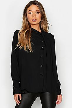 Boohoo Woven Tie Neck Button Detail Blouse
