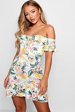 Boohoo Eliza Ruffle Off The Shoulder Tropical Tea Dress