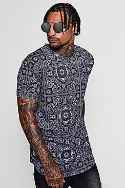 Boohoo Paisley Print Longline Curved Hem T-shirt