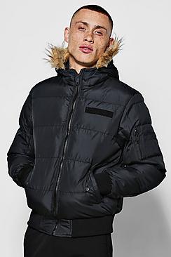 Boohoo Quilted Jacket With Oversized Faux Fur Hood