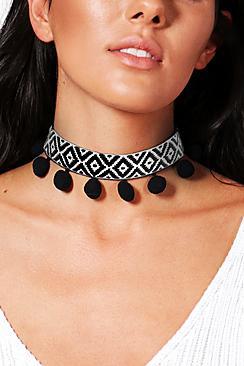 Boohoo Mono Aztec Pom Pom Choker