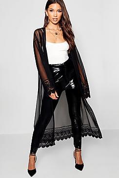Boohoo Midi Length Mesh Kimono With Crochet Trim