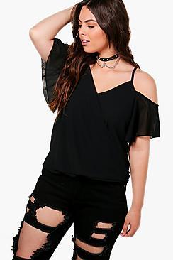 Boohoo Plus Wrap Front Drape Sleeve Top