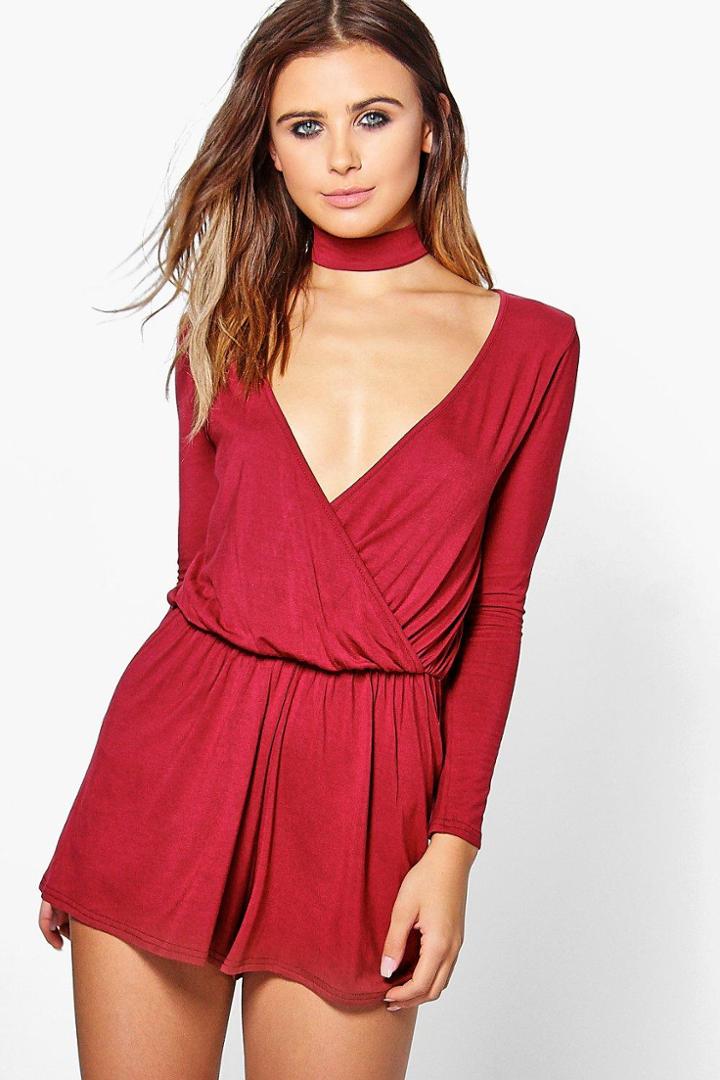 Boohoo Petite Frances Choker Detail Wrap Playsuit Merlot