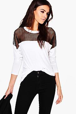 Boohoo Hailey Fishnet Mesh Long Sleeve Jersey T-shirt