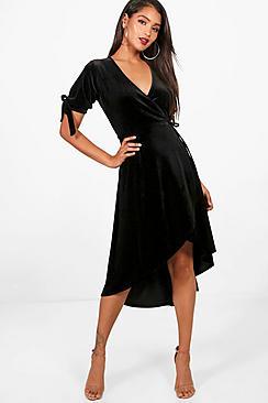 Boohoo Velvet Wrap Dip Hem Skater Dress