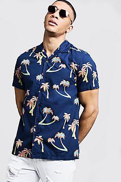 Boohoo Palm Tree Print Short Sleeve Revere Shirt