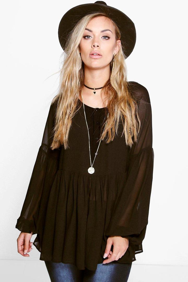 Boohoo Plus Lucy Woven Wide Sleeve Smock Top Black
