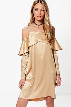 Boohoo Greta Satin Open Shoulder Frill Shift Dress