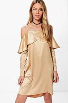 Boohoo Greta Satin Open Shoulder Frill Shift Dress