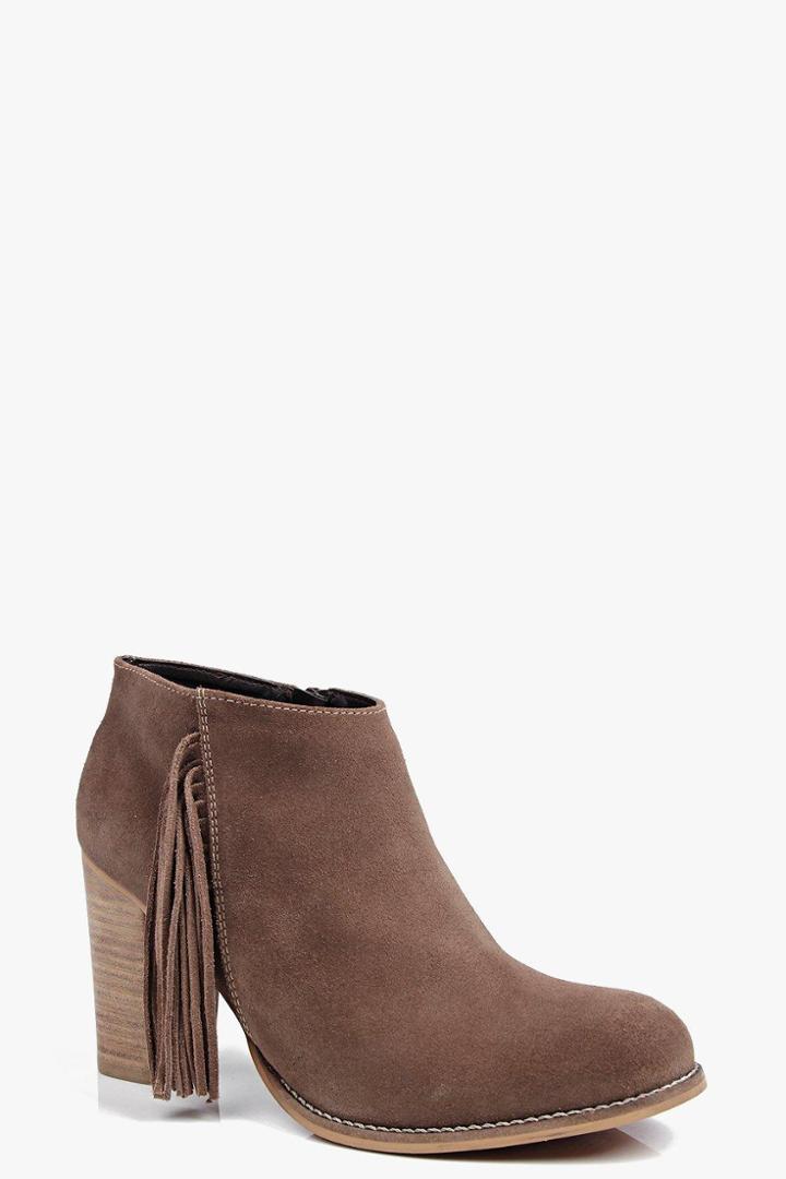 Boohoo Boutique Freya Fringe Trim Suede Ankle Boot Grey