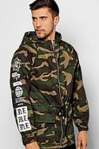Boohoo Camo Drawstring Hooded Parka With Sleeve Print