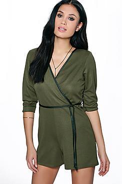 Boohoo Lola Leather Look Trim Wrap Belted Playsuit
