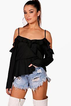 Boohoo Bella Cold Shoulder Ruffle Blouse