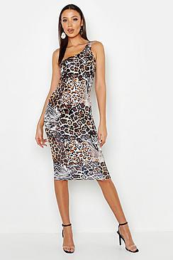 Boohoo Tall Animal Sprint One Shoulder Midi Dress